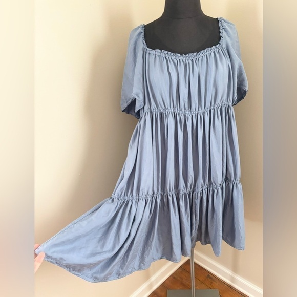 Unsubscribed Light Blue 100% Silk Tiered Flutter Sleeve Flowy Mini Dress - Picture 1 of 10